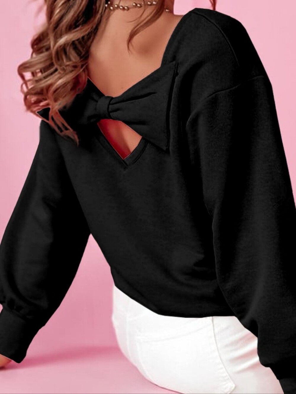 Bow Accent Cozy Sweatshirt - Black
